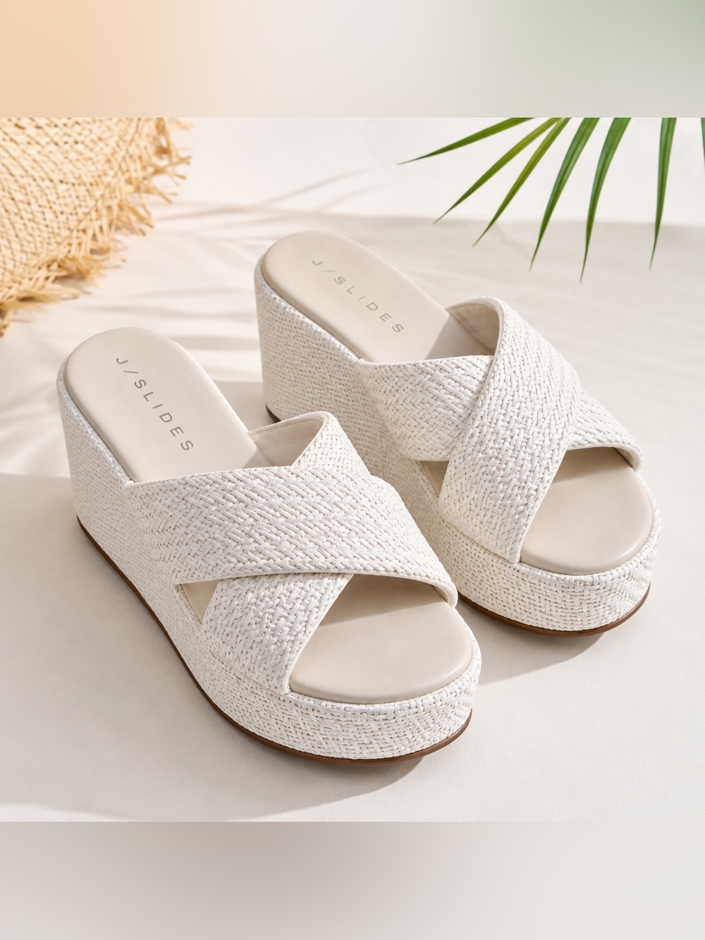 J/Slides Raffia Platform Wedge Sandals White Crisscross Size 9.5 NWOT